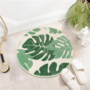 Round Bathroom Rug, Green Leaf Non-Slip Bath Mat Rug, Cute Small Washable Rug